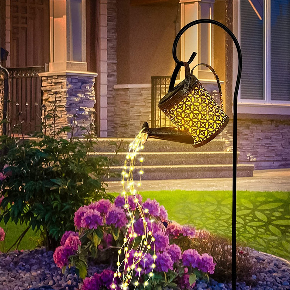 Solar Watering Can Outdoor Garden Hanging Waterfall Lamp